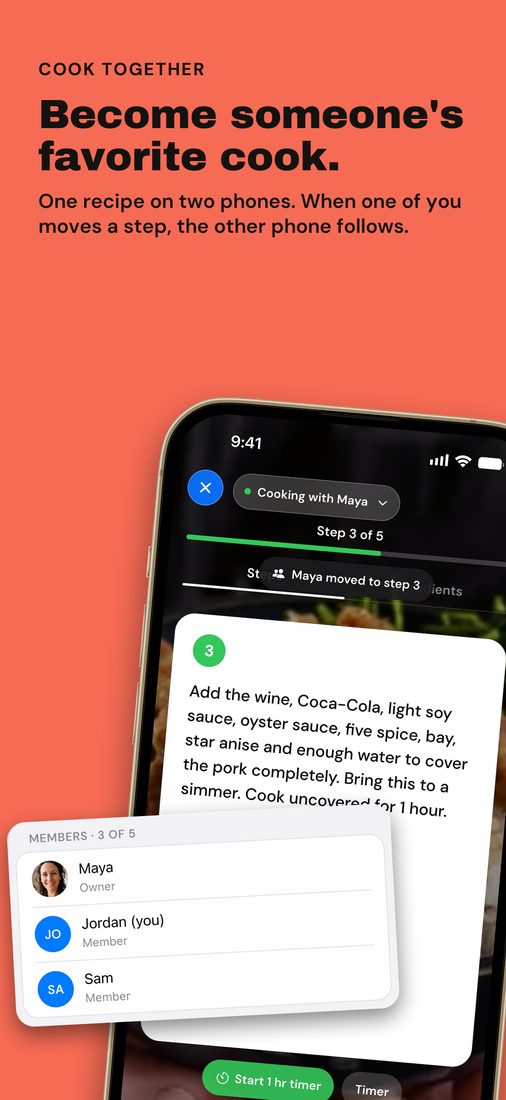 Cook together in Fixins on iPhone: two people on the same recipe step.