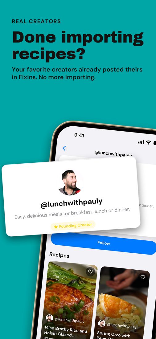 A creator profile in Fixins on iPhone, under the headline "Done importing recipes?"